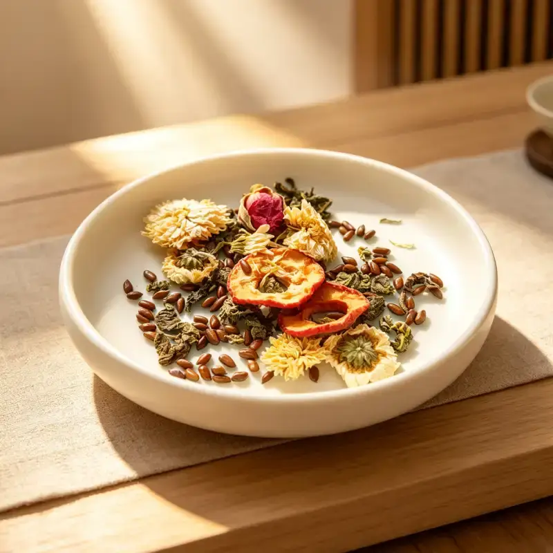 Ingrédients de la tisane jian fei mei yan cha Tisane jian fei mei yan cha dans une assiette