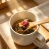 Tisane beauté naturelle infusée Ingrédients infusées sur une cuillère de la tisane beauté naturelle infusée