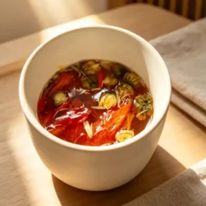 Tisane harmonie du foie et équilibre émotionnel infusée dans une tasse.