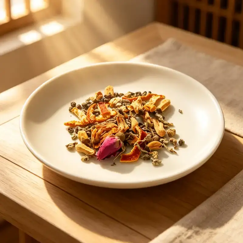 Ingrédients Tisane beauté naturelle ingrédients Tisane beauté naturelle dans une assiette.