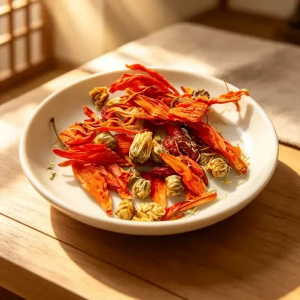 ingrédients Tisane harmonie du foie et équilibre émotionnel Les ingrédients tisane harmonie du foie et équilibre émotionnel présentés dans une assiette
