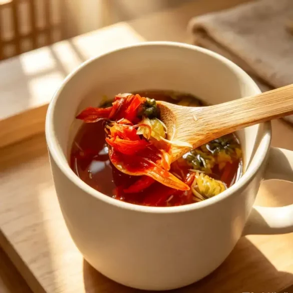 ingrédients infusés de Tisane harmonie du foie et équilibre émotionnel ingrédients infusés sur une cuillère de la tisane harmonie du foie et équilibre émotionnel.