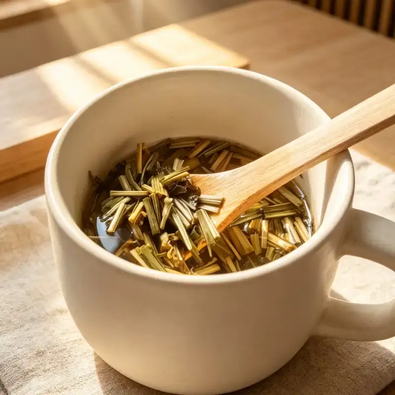 Infusion de la tisane jambes légères avec ingrédients sur une cuillère. Infusion de la tisane jambes légères dans une tasse avec ingrédients sur une cuillère.
