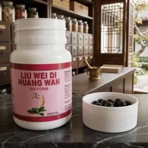 Flacon de Liu Wei Di Huang Wan ouvert avec pilules dans le bouchon.