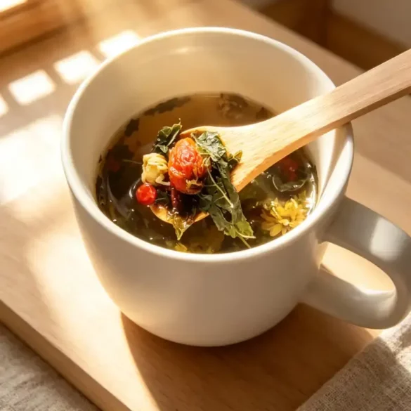 Ingrédients tisane des Jardins Ancestraux sur une cuillère Ingrédients infusés de la tisane des Jardins Ancestraux sur une cuillère
