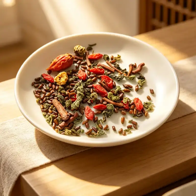 Ingrédients Tisane des Jardins Ancestraux Ingrédients de la tisane des Jardins Ancestraux dans une assiette.