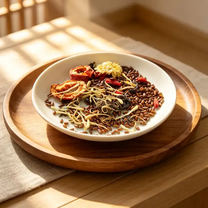 Ingrédients tisane Pissenlit Purifiant Ingrédients de la tisane élixir de Pissenlit Purifiant dans une assiette.