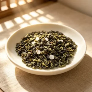 Thé wulong avec morceaux de pêche dans une assiette