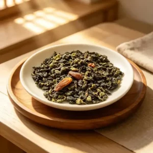 Thé wulong et raisins secs dans une assiette